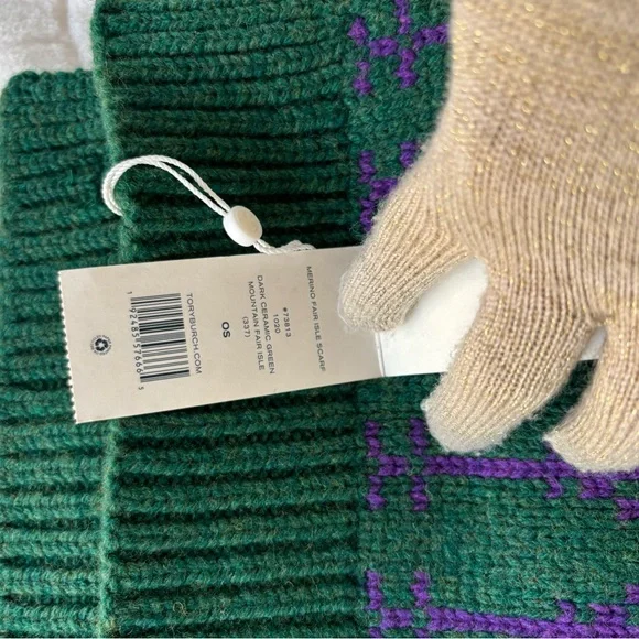 Tory Burch Merino Fair Isle Collection Scarf, Mittens & Hat Dark Ceramic Green - Picture 11 of 16